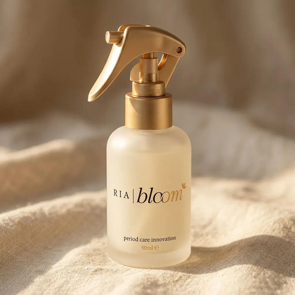 Ria Bloom pre-disposal treatment spray bottle with a frosted glass body and gold trigger